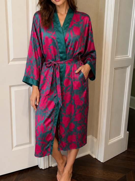 Ann Taylor Other - Ann Taylor Floral Stain Kimono Robe Fuchsia/Green L